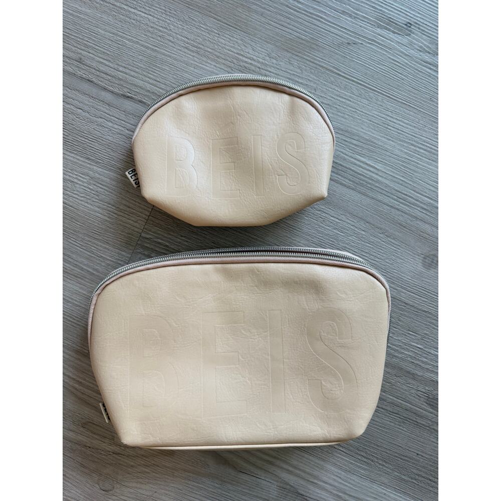 BÉIS Beige Pouch Set 2 Piece Embossed Logo Travel Cosmetic Makeup Organizer Bags